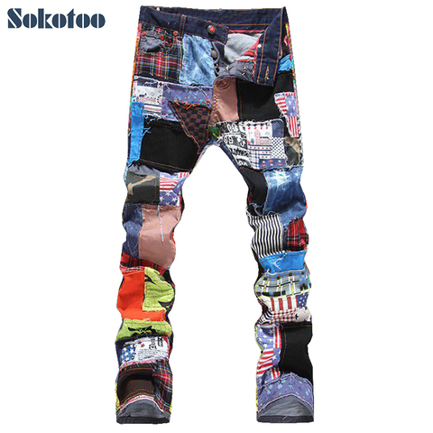 Pantalones vaqueros de mezclilla rasgados con retazos para hombres Sokotoo moda masculina pantalones de parche de colores delgados Pantalones rectos con vuelo envío gratis ► Foto 1/6