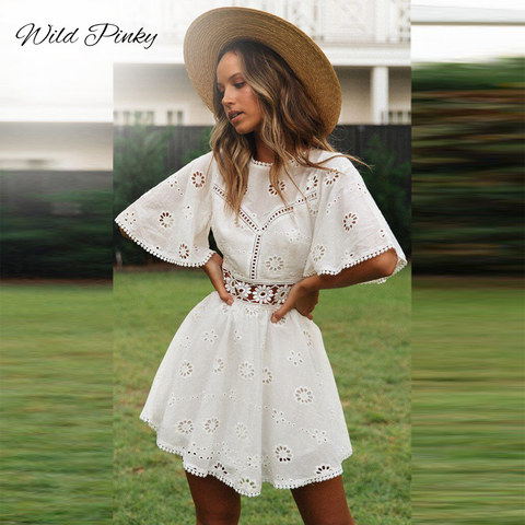 Vestido corto informal de algodón con manga acampanada para verano, minivestido de encaje blanco para mujer, cintura alta, espalda descubierta ► Foto 1/6