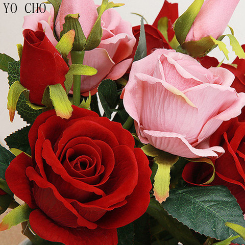 YO CHO 3 cabeza decoración de la boda artificial bouquet rosa de seda flor para la decoración del hogar Decoración de la Mesa de flores de boda ► Foto 1/6