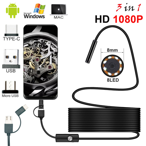Endoscopio con cámara 8,0 P HD y USB, endoscopio con 8 LED, 1/2/5M, Cable impermeable, boroscopio de inspección para Android y PC, 1080mm ► Foto 1/6