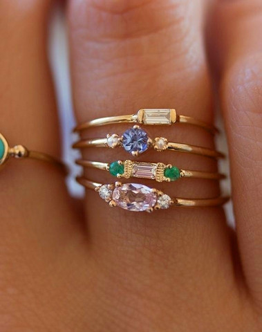 Anillo de piedra violeta rosa y verde para mujer, juego de anillos de compromiso Vintage de oro amarillo de 18kt para boda ► Foto 1/3
