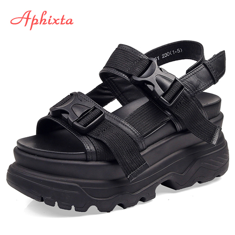 Aphixta 8 cm sandalias de plataforma de cuña de las mujeres Zapatos de tacón alto Zapatos de Mujer Zapatos de cuero hebilla de verano de lona de Mujer Zapatos, zapatillas de Mujer zapatillas Sandalias ► Foto 1/6