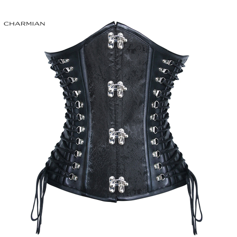 Charmian-corsé de talla grande para mujer, corsé Steampunk Vintage de PU, corsé bajo pecho de cuero, Sexy, negro, Jacquard, espiral, corpiño de acero ► Foto 1/6