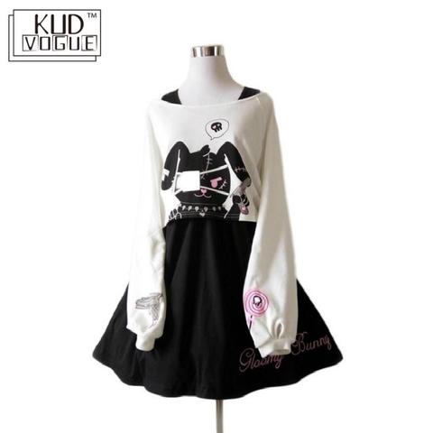 Cómico negro conejo vestido niñas 2 piezas traje de algodón dulce corto vestido lindo conejito impresión manga larga japonés Lolita vestido 8446 ► Foto 1/6