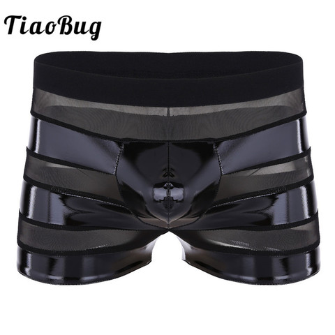 TiaoBug negro Lencería bikini parte inferior cadena Bikini de malla de cuero Patchwork de bajo aumento Boxer Sexy hombres bulto bolsa ropa interior ► Foto 1/6