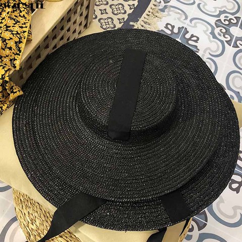 Sombrero de paja Natural negro hecho a mano para hombre y mujer, Bandage, lazo, ala ancha, protección solar, sombrero de playa para verano ► Foto 1/6