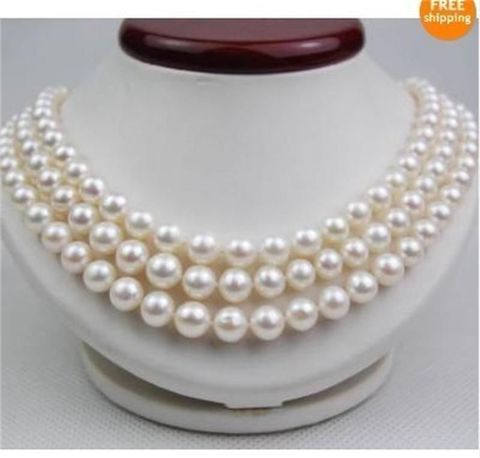 Gran oferta 3 filas 8mm blanco perla de concha del Mar del Sur collar de 17-19