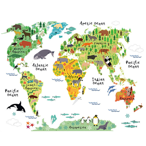 Animal colorido mapa del mundo Pared De vinilo para niños decoración De la casa 3D creativo Pegatinas De Pared sala De estar pegatinas ► Foto 1/6
