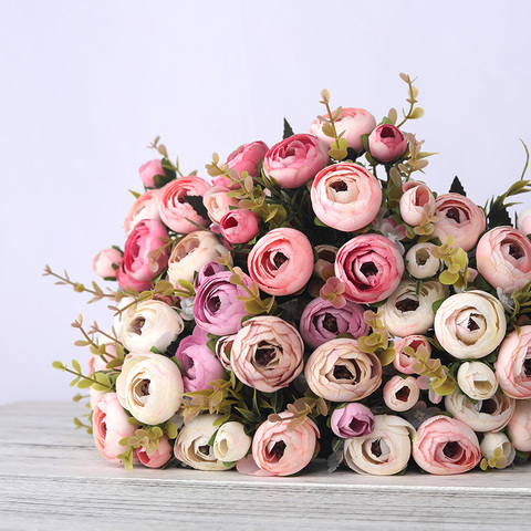 Flores rosas de té artificiales Vintage europeo 6 cabezas 4 pequeño ramo boda hogar falso Retro flor fiesta DIY Decoración ► Foto 1/6