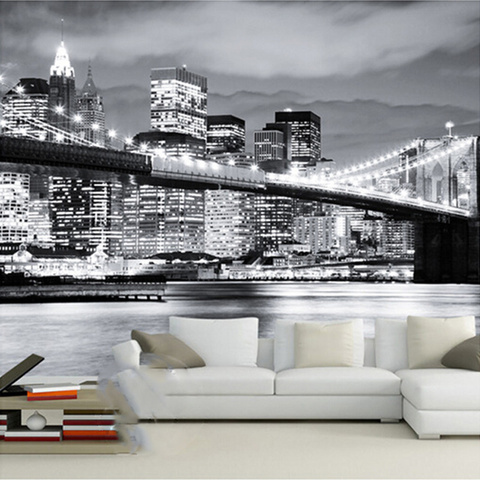 Papel tapiz con vista nocturna de Mural personalizado, puente de Nueva York, ciudades europeas y americanas, sala de estar en blanco y negro, telón de fondo para habitación ► Foto 1/6