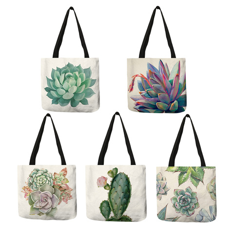 Bolso de lino con impresión de plantas suculentas tropicales para mujer, bolsa de lino con estampado Floral, bolsas de mano plegables reutilizables, bolsas de viaje ► Foto 1/6