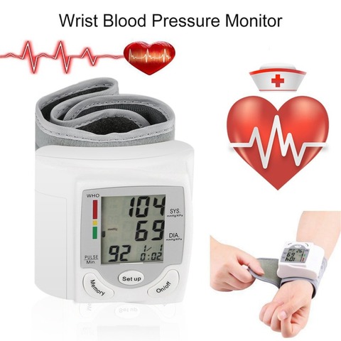 Presión arterial de muñeca Monitor portátil Digital automático aparato LCD corazón ritmo pulso medidor con pantalla medida tonómetro blanco ► Foto 1/6