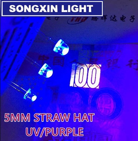 Lámpara LED de diodo de luz UV de 5mm, 100 Uds., sombrero de paja púrpura, gran angular, ultravioleta 395nm-400nm, transparente, 5mm ► Foto 1/1