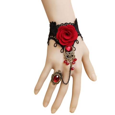 Jlong Retro pulsera de Metal de encaje rojo guantes con una rosa 2022 nueva moda de las mujeres Floral guantes ► Foto 1/4