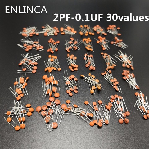 300 unids/lote 50V 2PF-0.1UF 30 valuesX10pcs condensador de cerámica Kit surtido de componentes electrónicos paquete 2pF 30pF 100pF 1nF 10nF ► Foto 1/2