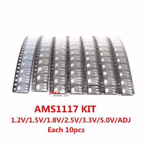 70 piezas AMS1117 Kit regulador de voltaje 1,2 V/1,5 V/1,8 V/2,5 V/3,3 V /5,0 V/ADJ 1117 7 valores cada 10 piezas ► Foto 1/6