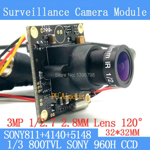 32*32mm cámara de vigilancia 800TVL 1/3 Effio CCD Sony 811 + 4140 + 5148 CCTV Módulo de cámara, lente de 3MP + 2,8mm 120 grados + BNC/OSDCable ► Foto 1/1