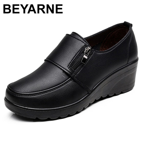 Beyarne-zapatos de tacón alto de piel auténtica para mujer, zapatillas femeninas de tacón alto con cuña, zapatos casuales individuales, temporada primavera Otoño, 2075 ► Foto 1/6