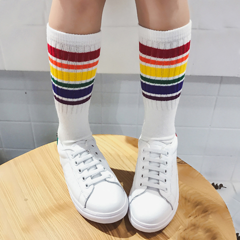 Niño fútbol rayas Arco Iris rodilla calcetines Escuela de algodón blanco calcetín largo para niños niñas bebé niños 1-10 t ► Foto 1/6