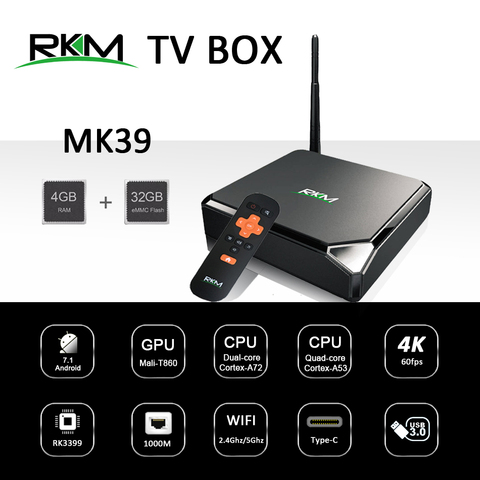 Android 7,1 caja de TV RKM MK39 Rockchip RK3399 4GB 32GB 802.11AC 2,4G 5G 1000M LAN USB3.0 tipo-c de señalización del reproductor de medios digitales ► Foto 1/1