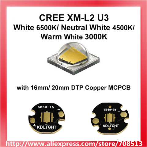 Cree XM-L2 U3 blanco cálido 3000K/blanco 4500K/blanco 6500K LED emisor con 16mm / 20mm de cobre PCB ► Foto 1/2