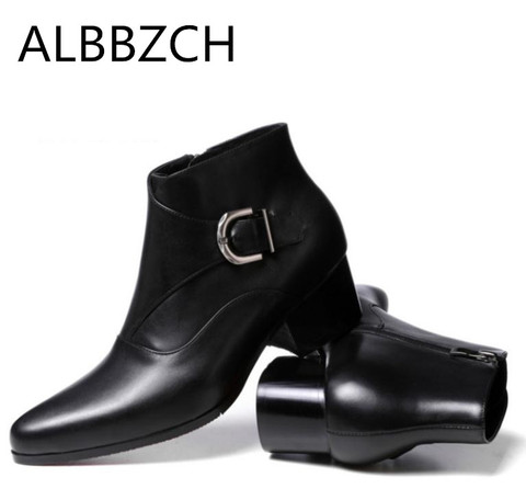 Otoño Invierno botas de tobillo para hombre 5 cm suelas Rojas tacones altos puntiagudos Zapatos de vestir para hombre diseño de hebilla de moda botas de trabajo ► Foto 1/6