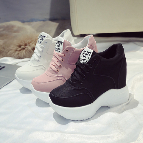 Zapatillas de plataforma de cuero PU vulcanizadas para mujer, zapatos de tacón alto gruesos color blanco, negro y rosa ► Foto 1/6