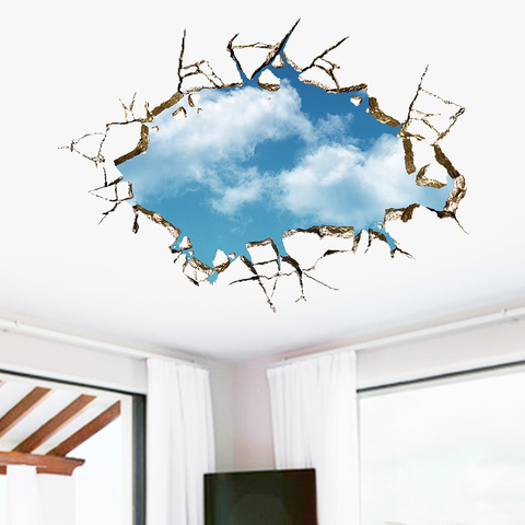 Pegatina de pared rota para sala de estar y dormitorio, decoración de techo, Material de vinilo extraíble, carteles de cielo azul y nubes ► Foto 1/6