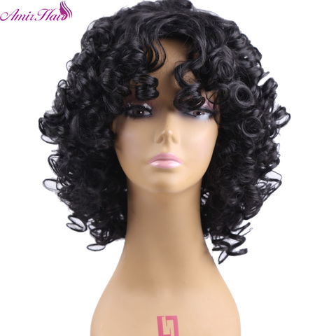 Pelucas de pelo corto sintético para mujeres, pelo negro Afro rizado Natural, peluca con flequillo resistente al calor ► Foto 1/6