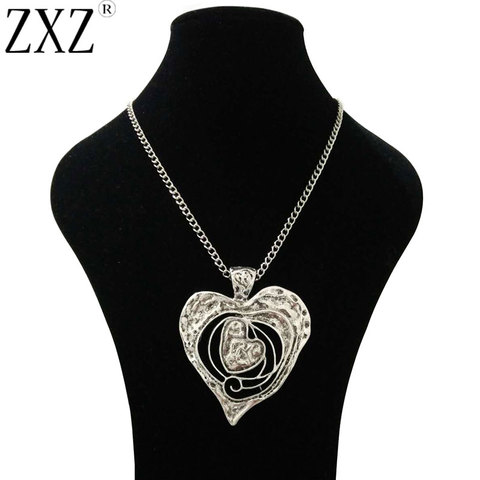 ZXZ colgante de corazón de Metal abstracto de plata antigua grande cadena de bordillo largo collar de Lagenlook 34