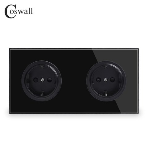 Coswall-Panel negro puro de vidrio templado cristal 16A toma de corriente de pared estándar europeo, conexión a tierra, puerta protectora para niños ► Foto 1/3