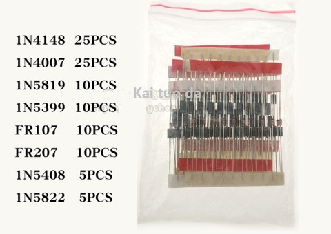 Kit de diodos FR107 FR207 1N4148 1N4007 1N5819 1N5399 1N5408 1N5822 8 valores = 100 uds, Kit surtido set componentes electrónicos paquete ► Foto 1/1