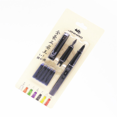 Jinhao 599 conjunto de color negro pluma 5 uds tinta azul mediano nib fino pluma estilográfica bolígrafo de caligrafía para estudiante de oficina de negocios ► Foto 1/5