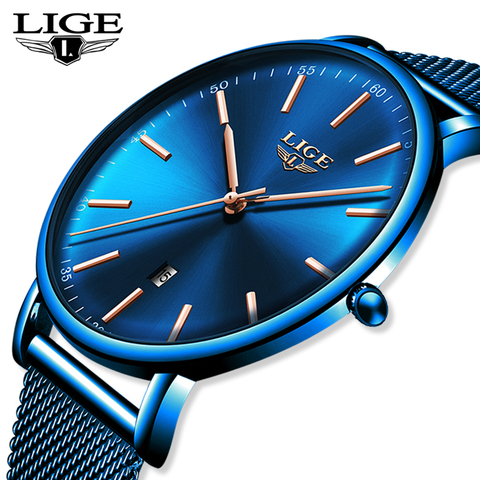 LIGE-relojes para hombre, resistente al agua, ultrafino, correa de malla azul, reloj de cuarzo, informal, reloj de pulsera deportivo ► Foto 1/6