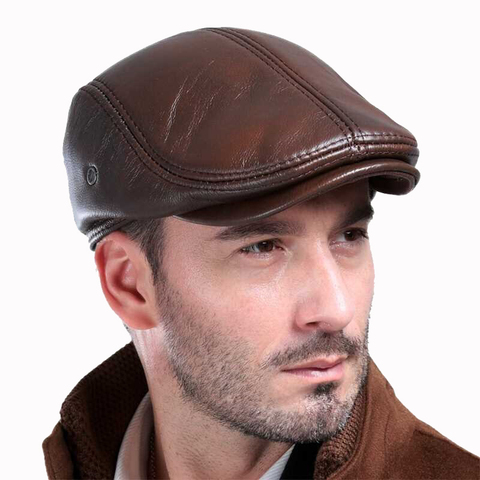 Sombrero de cuero para actividades al aire libre para hombre, boina de invierno, gorra con protección de oídos, 100%, cuero genuino, ocio, venta al por mayor ► Foto 1/4