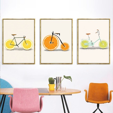 Pintura abstracta de Naranja de limón y bicicleta, pinturas de lienzo impreso, Decoración de cocina, carteles nórdicos, imágenes artísticas de pared minimalistas ► Foto 1/6