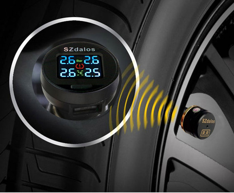 Sistema de Monitoreo de presión de neumáticos inalámbricos SZDALOS Car TPMS + 4 mini sensores externos (0 6,8 bar/0 99 psi) encendedor de cigarrillos tmps ► Foto 1/6