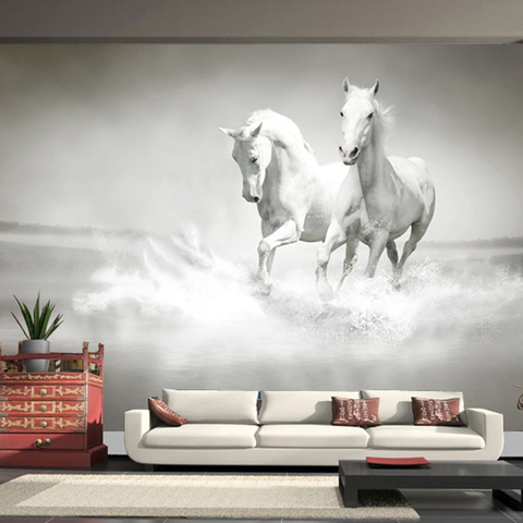 Papel pintado con foto de caballo blanco corriendo 3D, arte moderno, tamaño personalizado, Mural para dormitorio, sala de estar, oficina, no tejido ► Foto 1/6