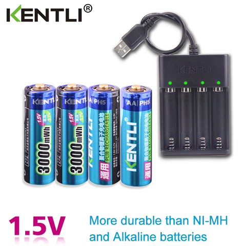4 Uds. KENTLI AA 1,5 V 3000mWh baterías recargables de polímero de litio li-ion + 4 ranuras cargador de batería de iones de litio USB ► Foto 1/6