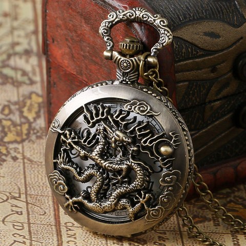 Reloj De bolsillo De diseño De dragón estilo chino antiguo Vintage, relojes De cuarzo, collar, cadena colgante, regalo para hombre y mujer ► Foto 1/6