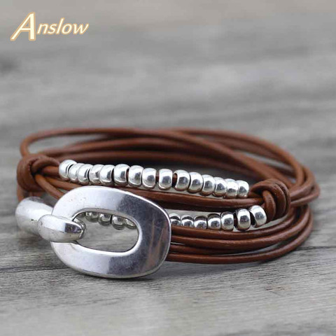 Anslow-pulsera de cuero genuino Vintage para hombre, brazalete hecho a mano, regalo del Día del Padre, novedad, gran oferta, LOW0575LB ► Foto 1/6