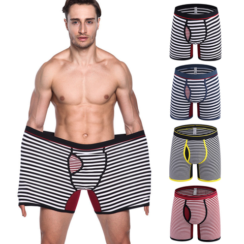 Calzoncillos a rayas para hombre, ropa interior Sexy, de algodón, con apertura frontal, M-6XL, a la moda ► Foto 1/6