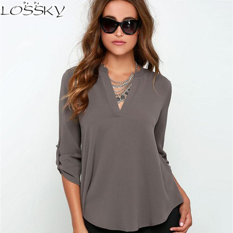 Blusa camisa mujer moda blusas de gasa 3/4 manga con cuello en V talla grande blusas femeninas ropa femenina ropa barata china ► Foto 1/6