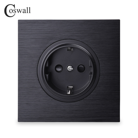 Coswall lujoso Panel de aluminio negro 16A EU toma de corriente de pared estándar con bloqueo de protección para niños ► Foto 1/5