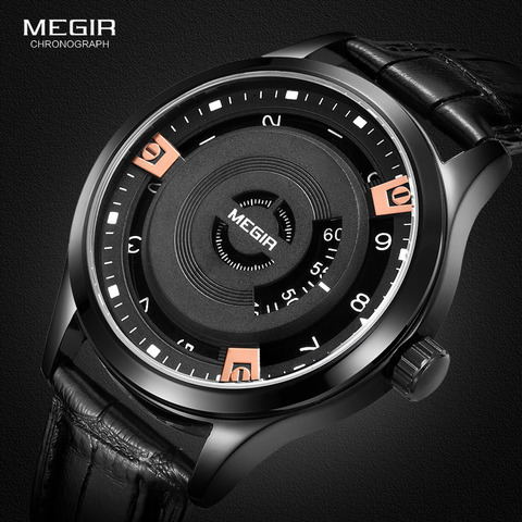 Relojes de pulsera Megir de cuarzo de cuero negro a la moda para hombre reloj de cuarzo con batería resistente al agua caliente para hombre Male1067 ► Foto 1/6