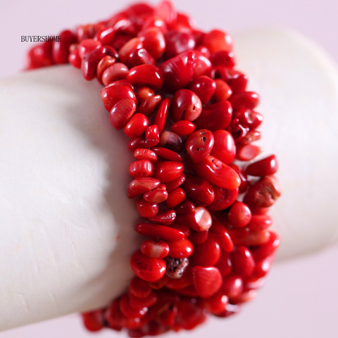 Pulsera de hilo elástico para mujer, brazalete de cuentas con Chip de tejido, rojo auténtico, Coral, piedras, 7 pulgadas ► Foto 1/2