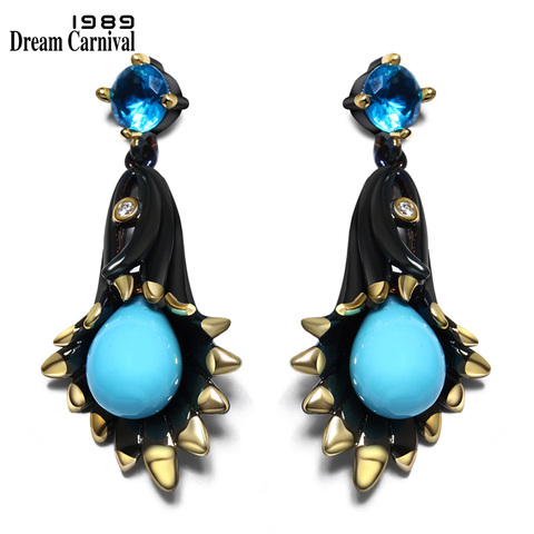 DreamCarnival1989 candelabro campana flor Pendientes colgantes para mujeres negro oro-Color puntos azul tono lapidar Pendientes ZE52799 ► Foto 1/6