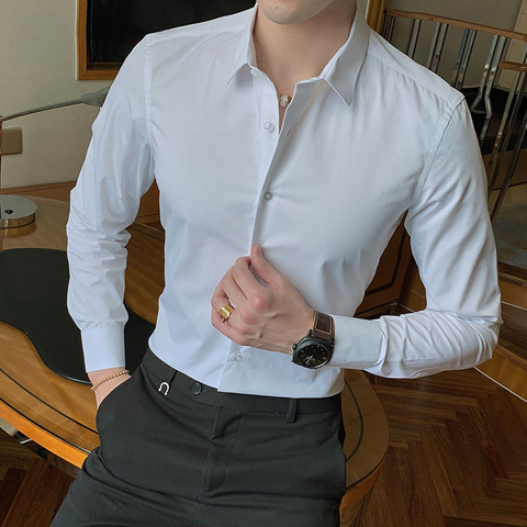 2022 nueva Camisa de algodón de manga larga de moda sólida Slim Fit para hombre Social Casual negocios blanco negro vestido camisa 5XL 6XL 7XL 8XL ► Foto 1/6