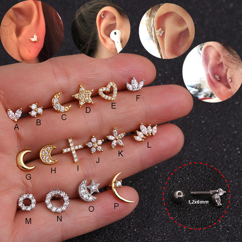 1Pc Luna, Estrella y corazón Cruz flor corona Helix Piercing Tragus Stud pendiente de caracola de oro y Color plateado Cz cartílago Stud ► Foto 1/5