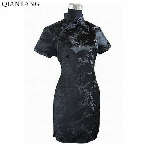 Qipao-Vestido corto de satén para Mujer, Vestido negro Vestido tradicional chino, con estampado de flores, S M L XL XXL XXXL 4XL 5XL 6XL, J4039 ► Foto 1/6